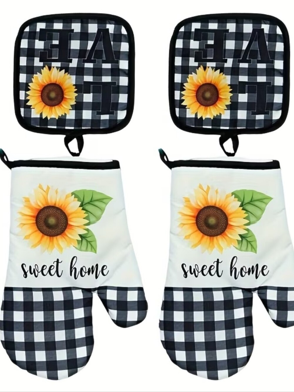 Sunflower Kitchen Oven Mitts & Pot Holders - Black White Gingham